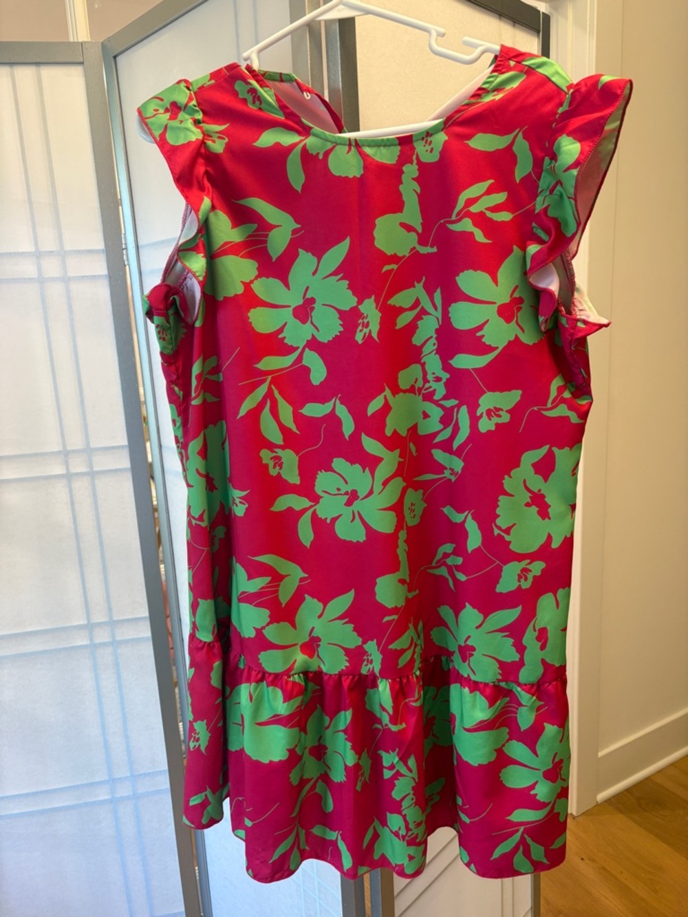 Shein Pink and Green Floral Ruffle Sleeve Dress